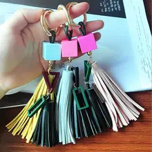 wooden block Key chain women PU leather tassels keychain bag pendant alloy car key chain ring holder retro jewelry fashion girl bag pendant fan shape tassels key chain car ornaments