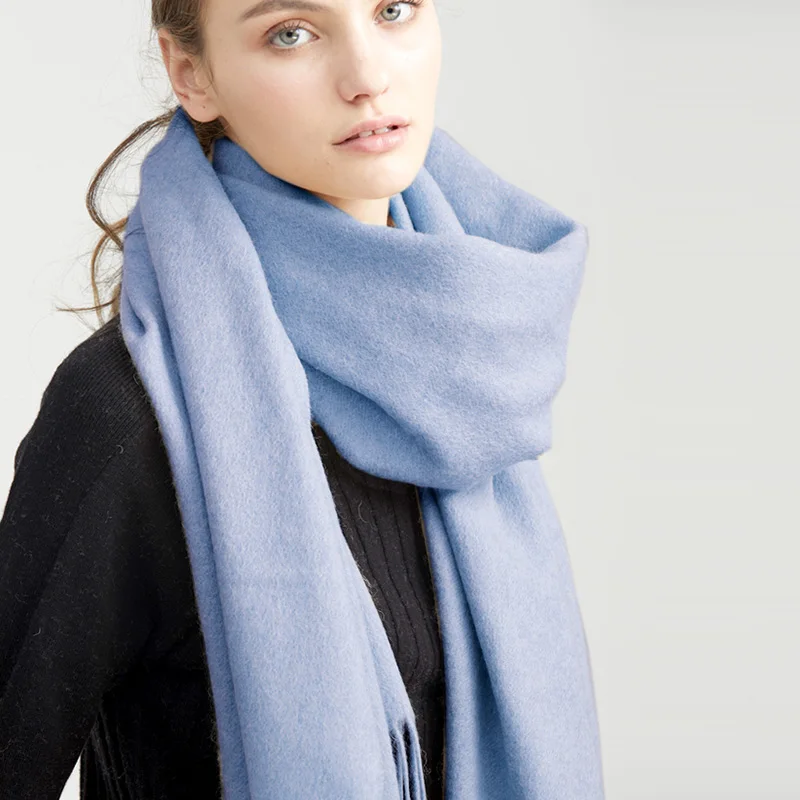 Чистый шерстяной шарф для женщин роскошный бренд шали и обертывания для женщин Мягкий теплый шейный платок глушитель однотонные зимние шерстяные шарфы - Цвет: Pin blue