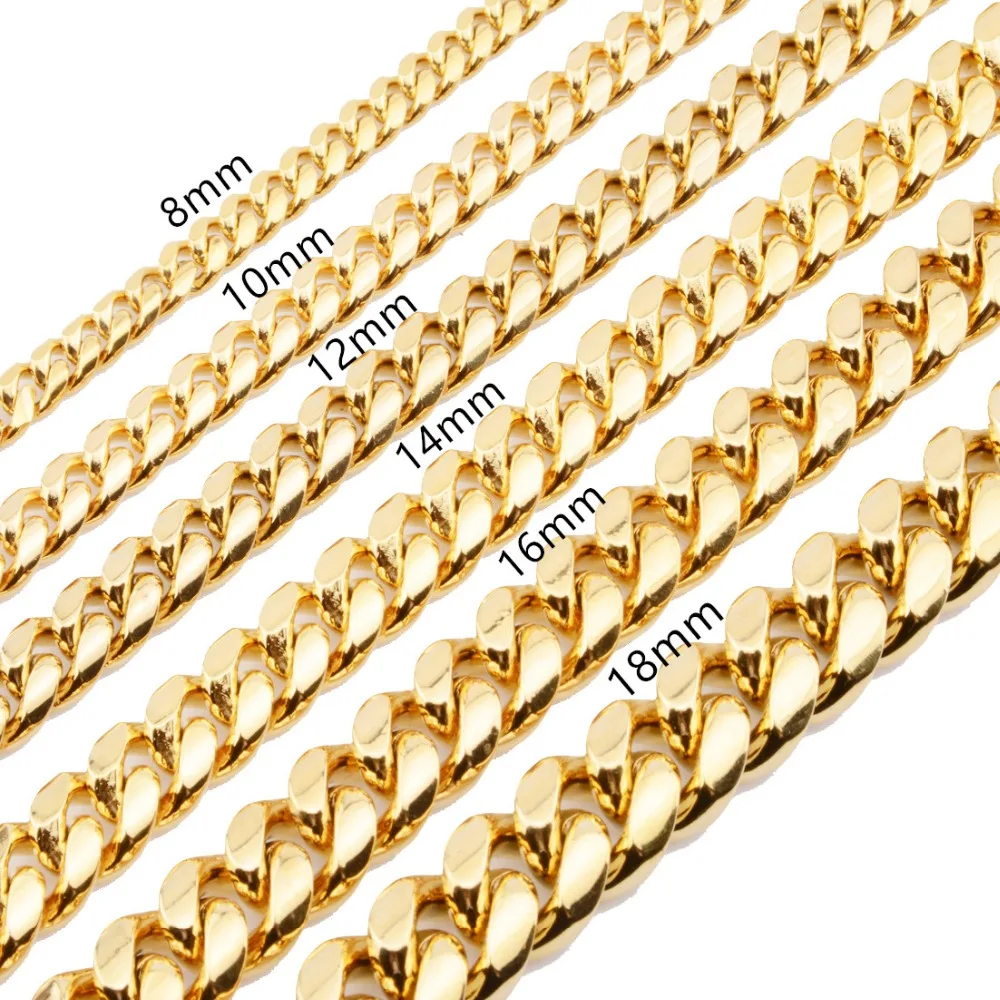 8/10/12/14/16/18mm Mens Cuban Miami Chain Necklace Stainless steel Gold