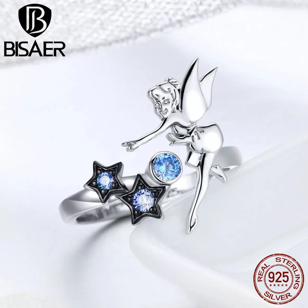 BISAER,, 925 пробы, серебряное, Сказочная легенда, Сверкающая Звезда, регулируемая фигура, Женское кольцо для женщин, серебряные ювелирные изделия, Anel ECR349