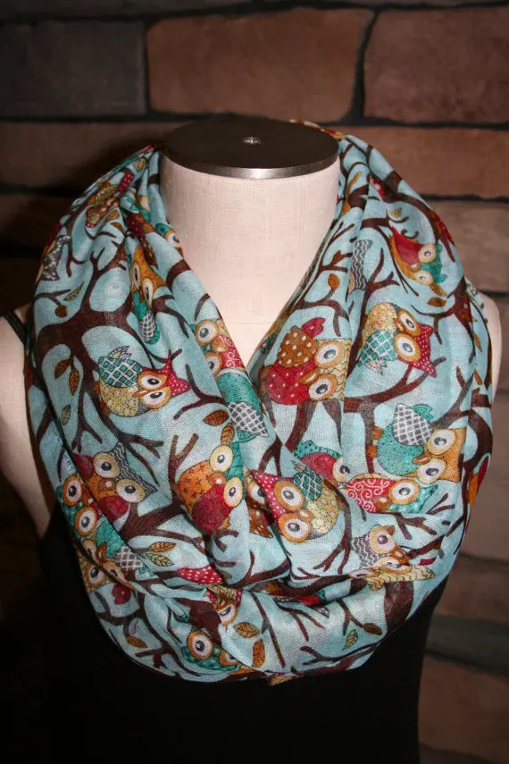 Owl Infinity Scarf Whimsical Owl Blue Owl Scarf Circle Loop Scarf