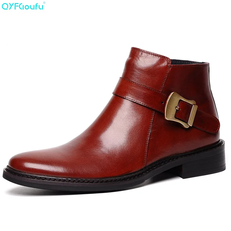 

Fashion Mens Business Dress Boots Shoes Genuine Leather High Quality Cow Leather Buckle Round Toe Ankle Boots Zipper