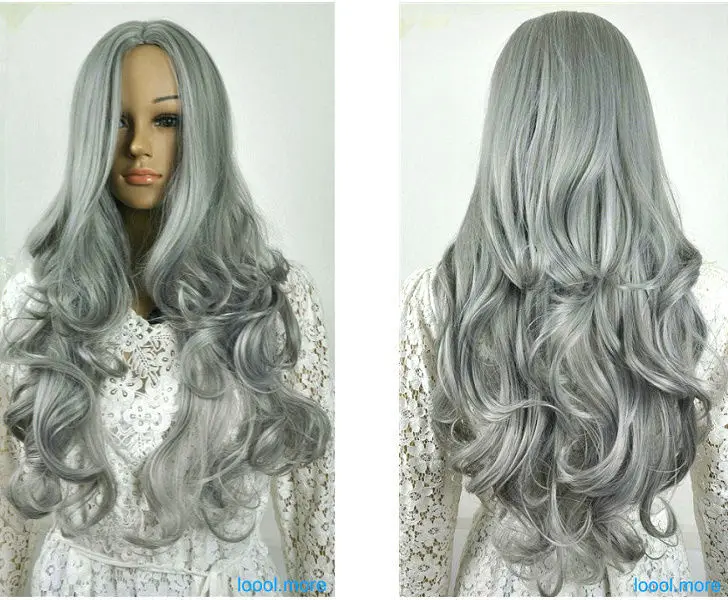 

Gray - White Long Wavy Fancy Dress Party Girl women Wig #HN223