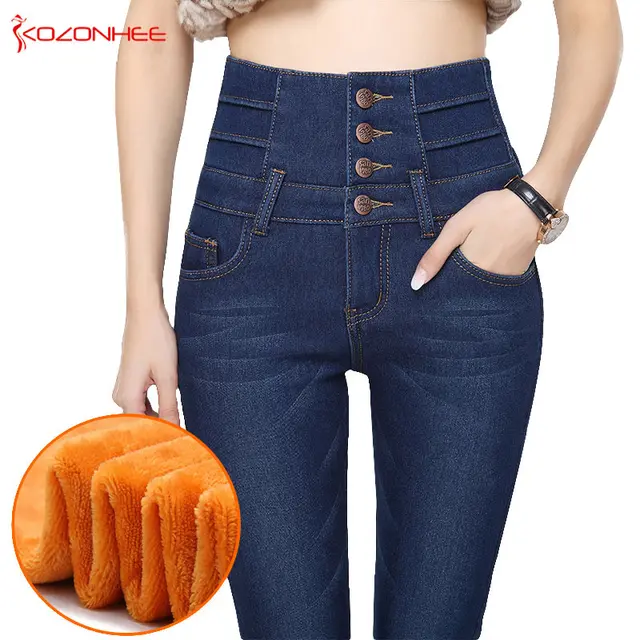 US $19.60 Alpaca Cashmere Ultra-soft Warm Jeans Women Winter Four Cuff Tighten Up Waist Design High Waist Thi