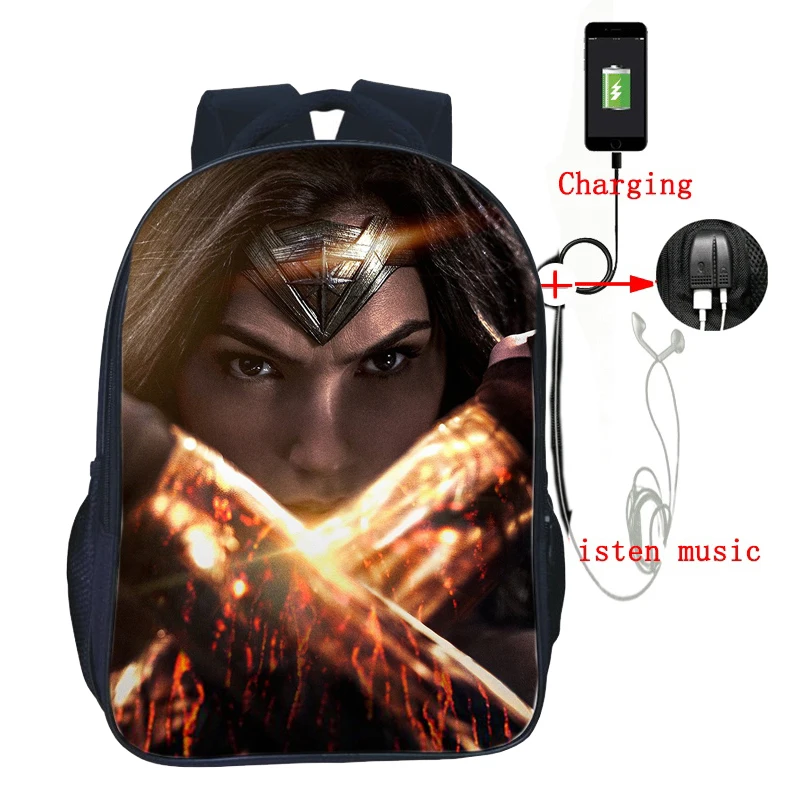 Beautiful Superhero USB Charge Backpack Wonder Woman USB Charging Laptop Backpack Beautiful Men Women Boys Girls School Bag