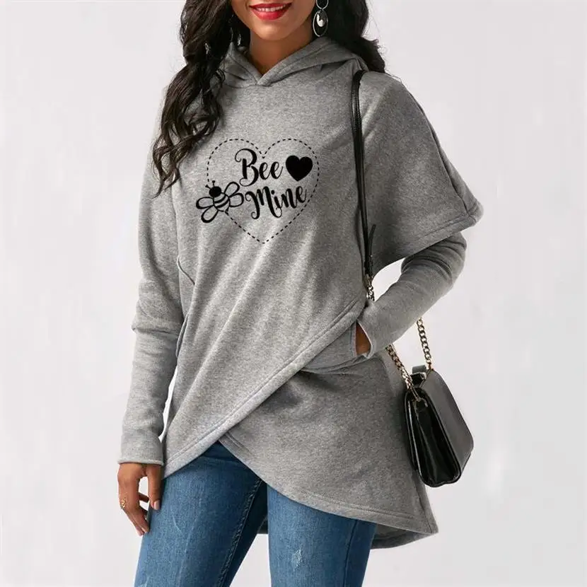 Split Hoodies For Women Bee Mine Heart Letters Print Tops Kawaii Sweatshirts Hoodies Women Female Print Loose 2018 Comfortable