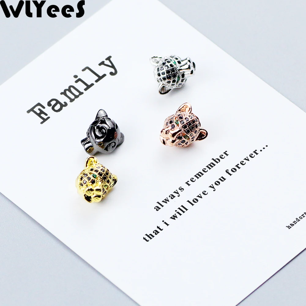 

WLYeeS 2pcs CZ Green Eye Leopard head Copper beads Black Zircon Metal Charm Loose beads fit custom Jewelry bracelet DIY Finding