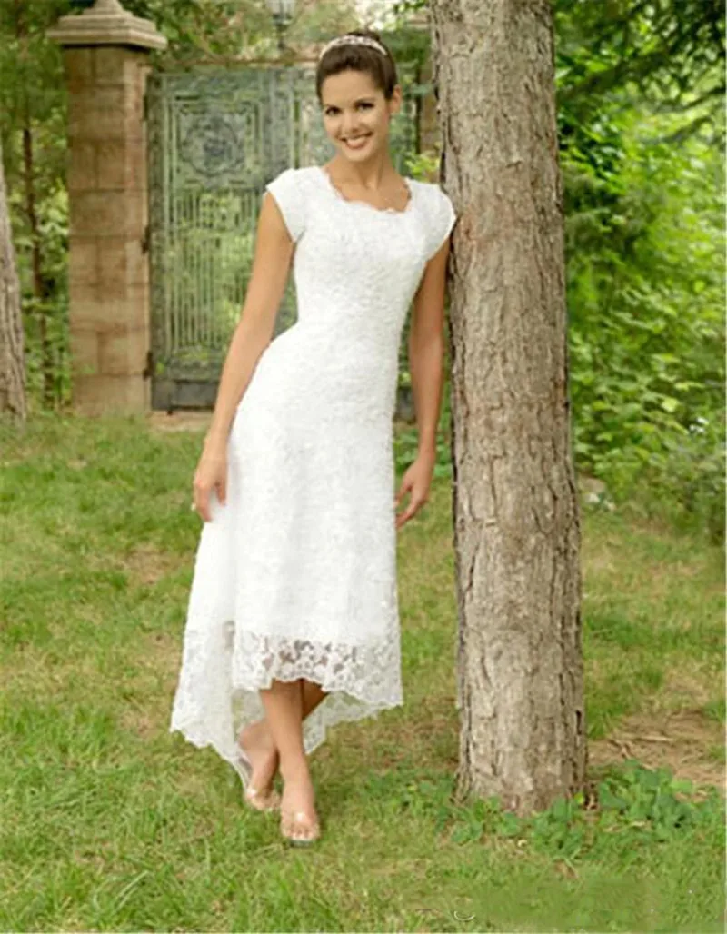 

2019 Full Lace Beach Wedding Dresses A Line Jewel Short Sleeves High Low Bridal Gowns Plus Size Wedding Gowns vestido de noiva