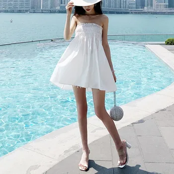 

Summer Women's Solid Color Mini Dress Strap Wrapped Chest A-line Waist Short Dress Simple Fashion Dresses Vestidos