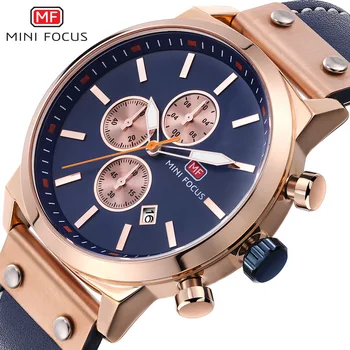 

MINI FOCUS 2019 Luxury Men Sport Watch Waterproof Genuine Leather Quartz Wristwatch Mens Chronograph Military Watches Men Blue