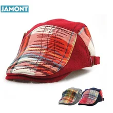 Зимняя Клетчатая Шерстяная детская шапка, хлопковые теплые береты с вышитым козырьком, новая модная шапка для отдыха для детей, унисекс, регулируемая