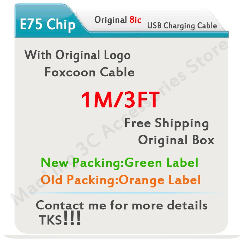 

10Pcs/lot 1F/3FT Genuine Original OD:3.0mm 8ic E75 Chip Sync Data USB charger Cable for iphone XS Max XR X 8 7 6 6s plus 5s SE