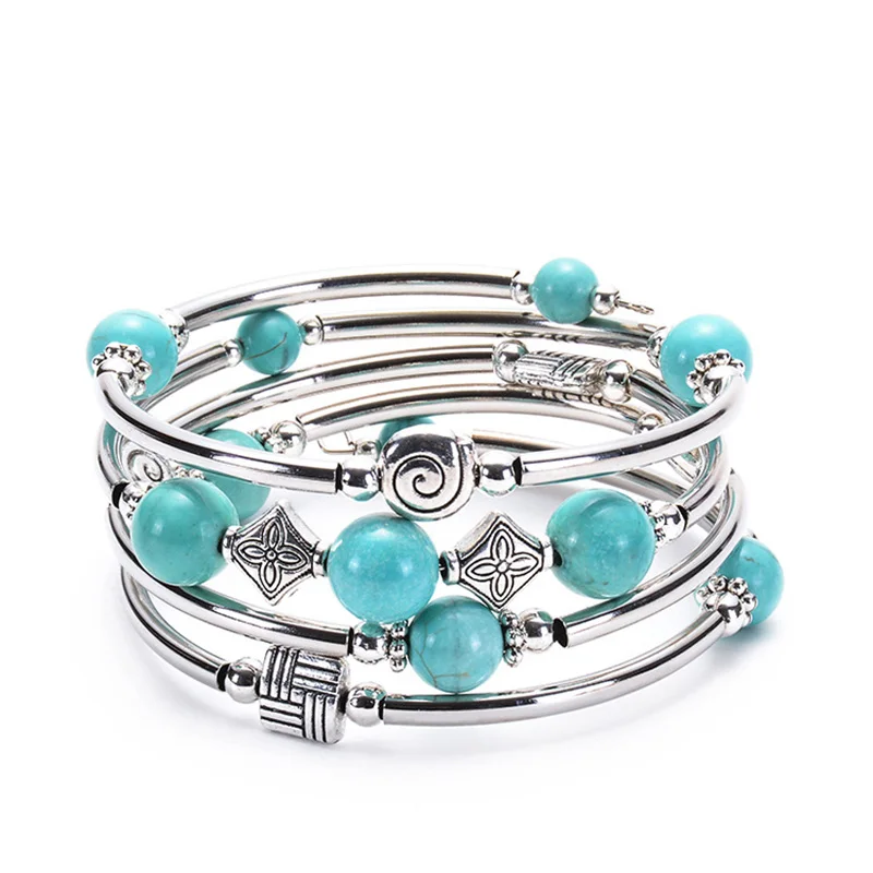 

2019 Hot sells Ntural Turquoises Bracelet Volcanic Stone Bluestone Multi-layer Natural Stone Bracelet Women Jewelry