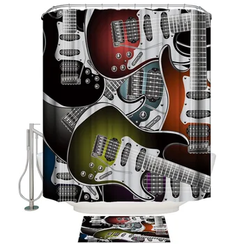 

Electric Guitar Bathroom Mat With Shower Curtain 2 Piece Bathroom Set Shower Curtain Sets Waterproof Outside Inside Modern Rings