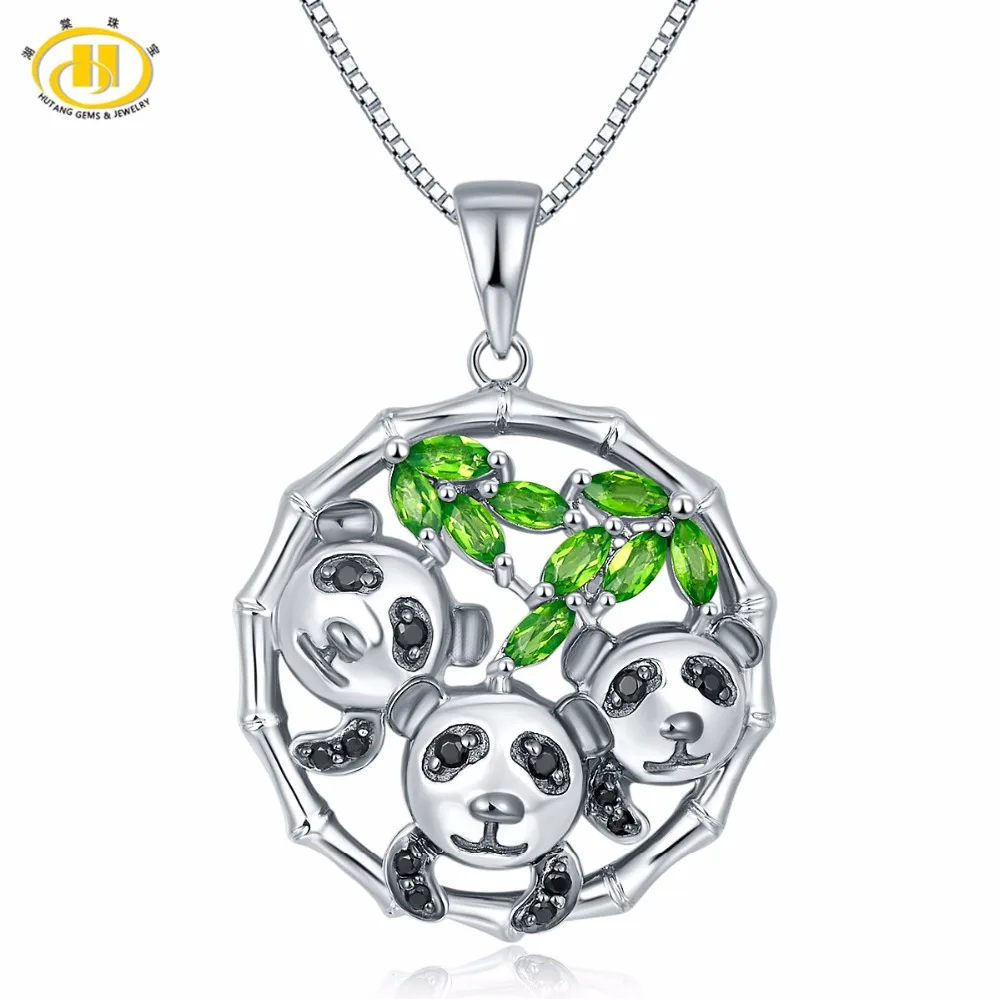 

Hutang Cute Solid 925 Sterling Silver 0.72ct Natural Gemstone Chrome Diopside & Spinel Panda Pendant Necklace Jewelry For Women
