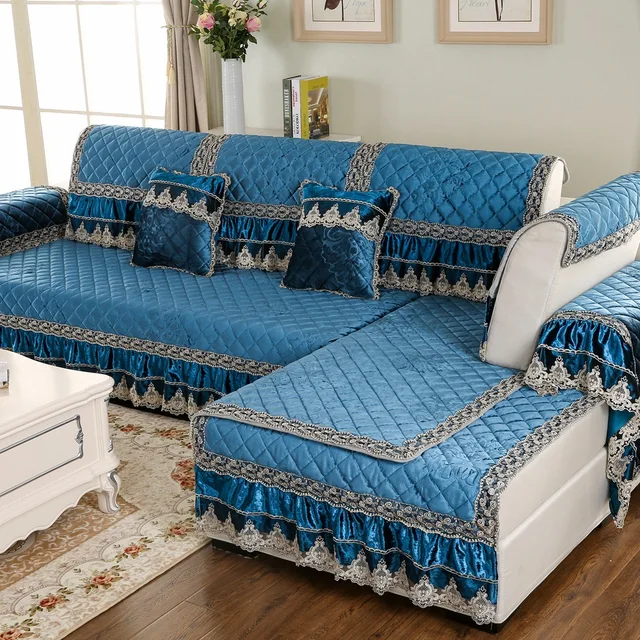 Lace Emboridered Sectional Sofa Decorative Cover Pad Mat Solid Fluffy Fabric Quilted Sofa