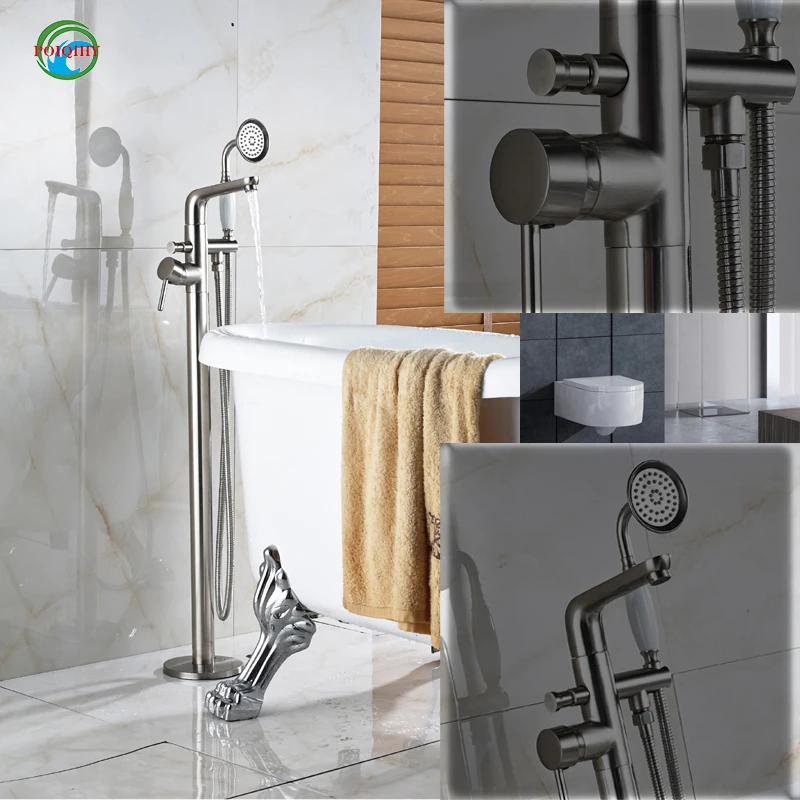 

Brushed nickle free standing mixer tap fixed type with handheld shower head single handle