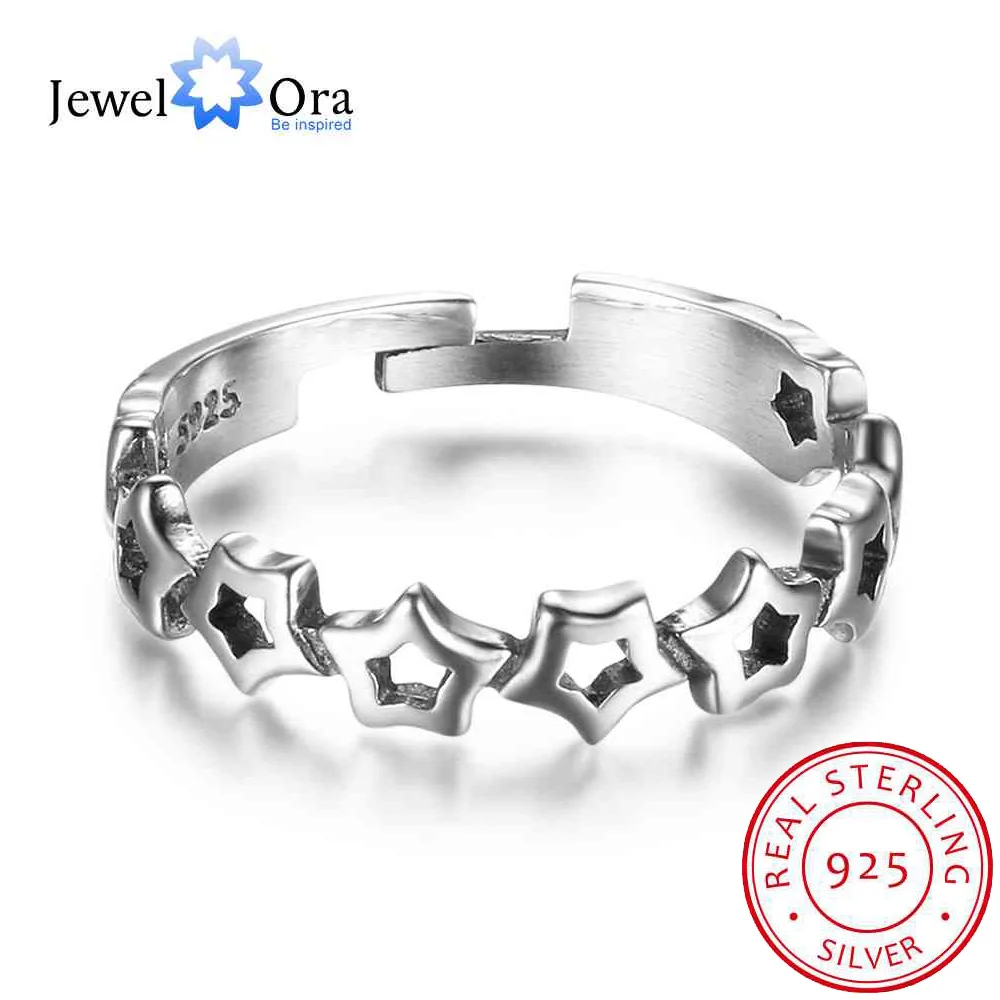 New Women Real 925 Sterling Silver Ring Open Adjustable Finger Ring with Stars Vintage Style Gift to Girls JewelOra RI102696