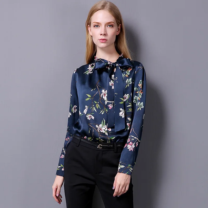 

2019 Spring Summer Original Design Blue/Red 100% Silk Elegant Flowers Floral Print Pattern Office Lady Blouse Shirt TOP XXL