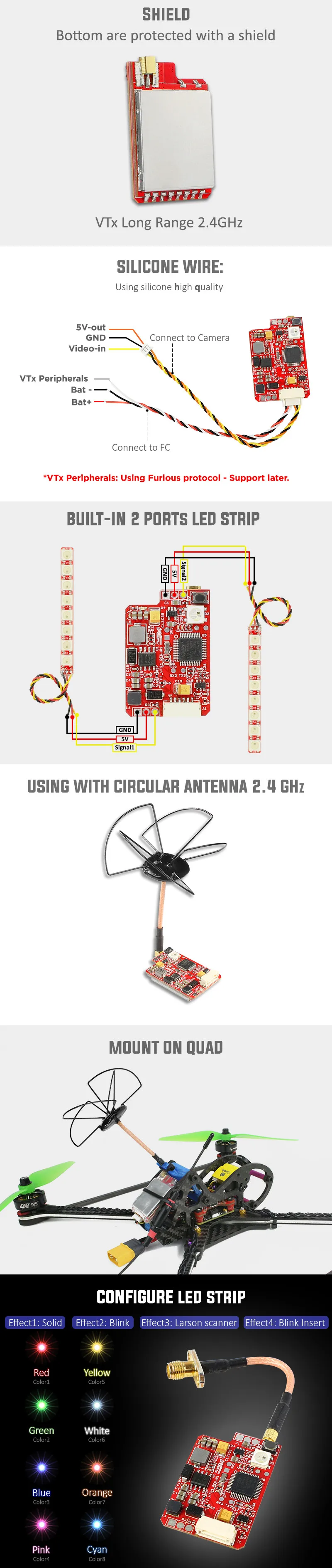 FuriousFPV 2,4G 16CH 25/200/500/800 МВт переключаемый VTX стелс длинный диапазон FPV видеопередатчик для радиоуправляемых моделей Трансмиссия FPV