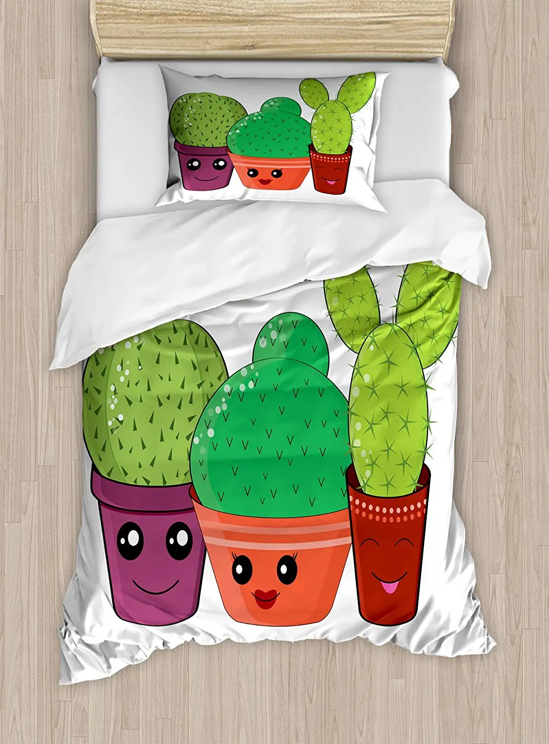 

Kawaii Twin Size Duvet Cover , Hilarious Cactus Family Botanical Inspirations in Doodle Style House Plant Design, Multicolor