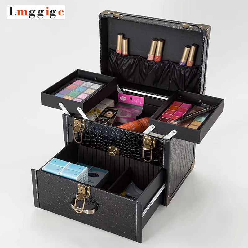 Estuche para cosméticos con marco de aluminio, caja de herramientas de cuero PU + Material de madera para tatuaje, caja de maquillaje, bolso multifunción, maletín de maquillaje|Bolsas y estuches de -