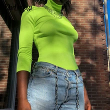 Darlingaga модное, с высоким воротником ребристые женские футболки с длинным рукавом ярко-зеленая футболка Женские топы футболки Осень-зима трикотажная футболка