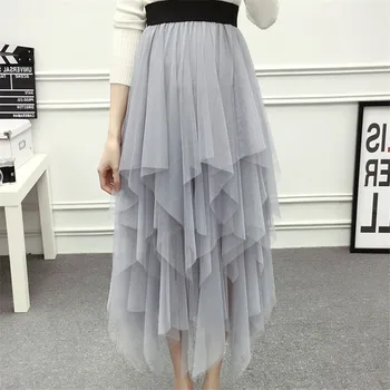 

White black gray lace irregular skirt women high waist mid length A-line skirts lady
