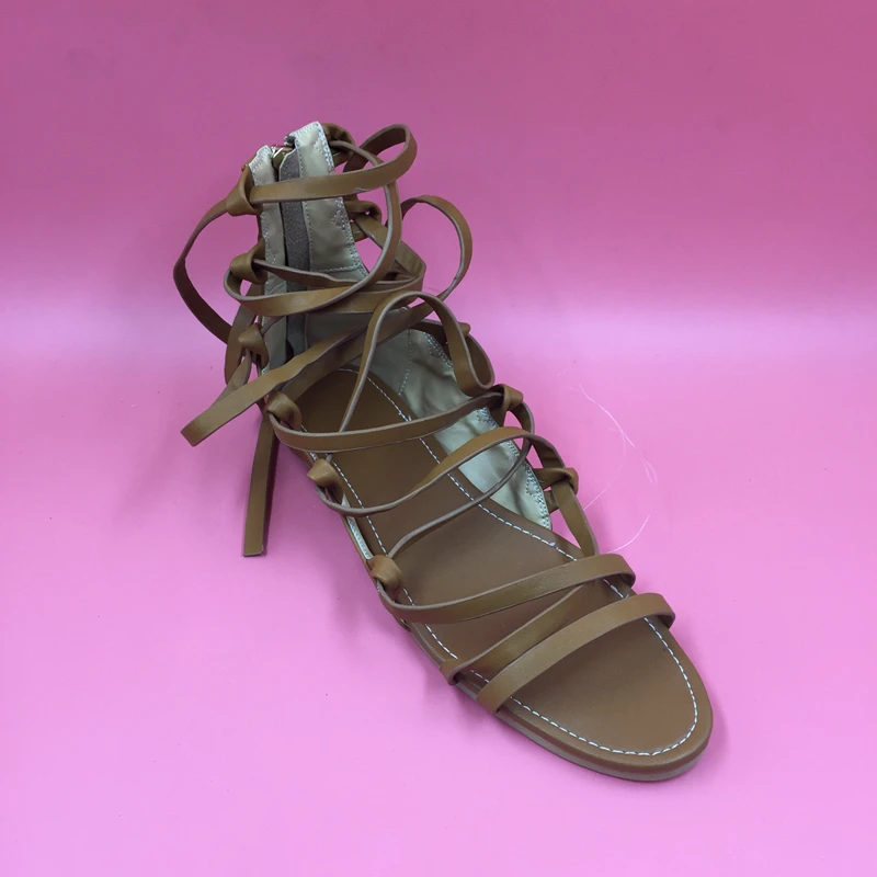 

Brown Summer Style Flat Heel Woman Sandal Shoes Handmade Flat Sandals Ankle-Wrap Zip Open Toe Ladies Causal Shoes Real Photo