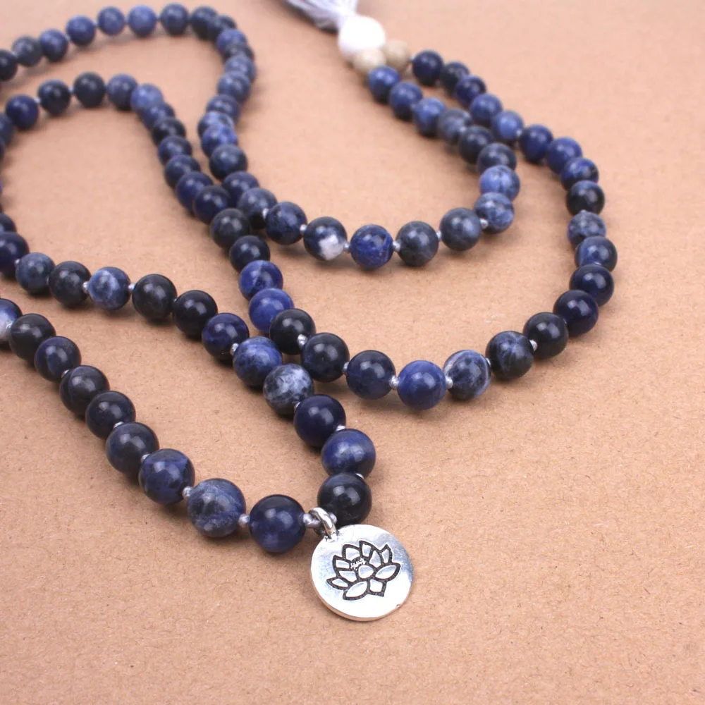 8 мм натуральный содалит мягкий хлопок кисточкой ожерелье Йога женское ожерелье 108 бусин Mala ожерелье дропшиппинг ювелирные изделия для медитации