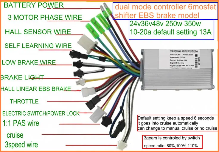 6mosfet BLDC контроллер без сенсора 24v36v48v60v 250w350w зал линейный EBS тормоз/Круиз для электрического велосипеда скутер горный велосипед ATV трехколесный велосипед