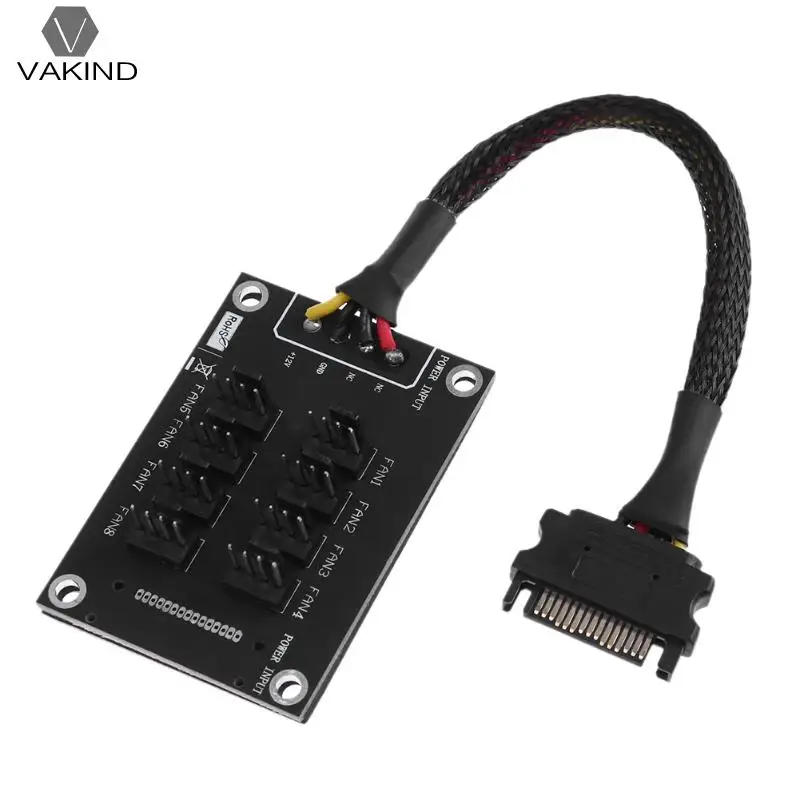 

SATA 15 Pin Male to 8x 4 Pin Cooling Fan Splitter Hub Extension Cable for Computer 12V Fan 8 Way PWM Power Socket PCB Adatper
