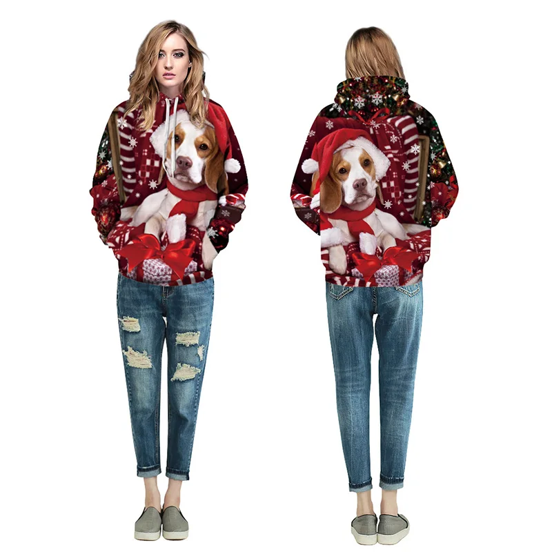Уличная Рождество Стиль собака с цифровым принтом с капюшоном Для мужчин одежда 2018 свободные пару насыщенный свитер Для мужчин плюс