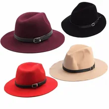 Модный дизайн Для женщин карнизы ремень Шерстяная кепка, теплая зимняя шерстяной ремень фетровая шляпка шерстяная Кепки шляпа с широкими полями шляпы ковбоя, Новинка