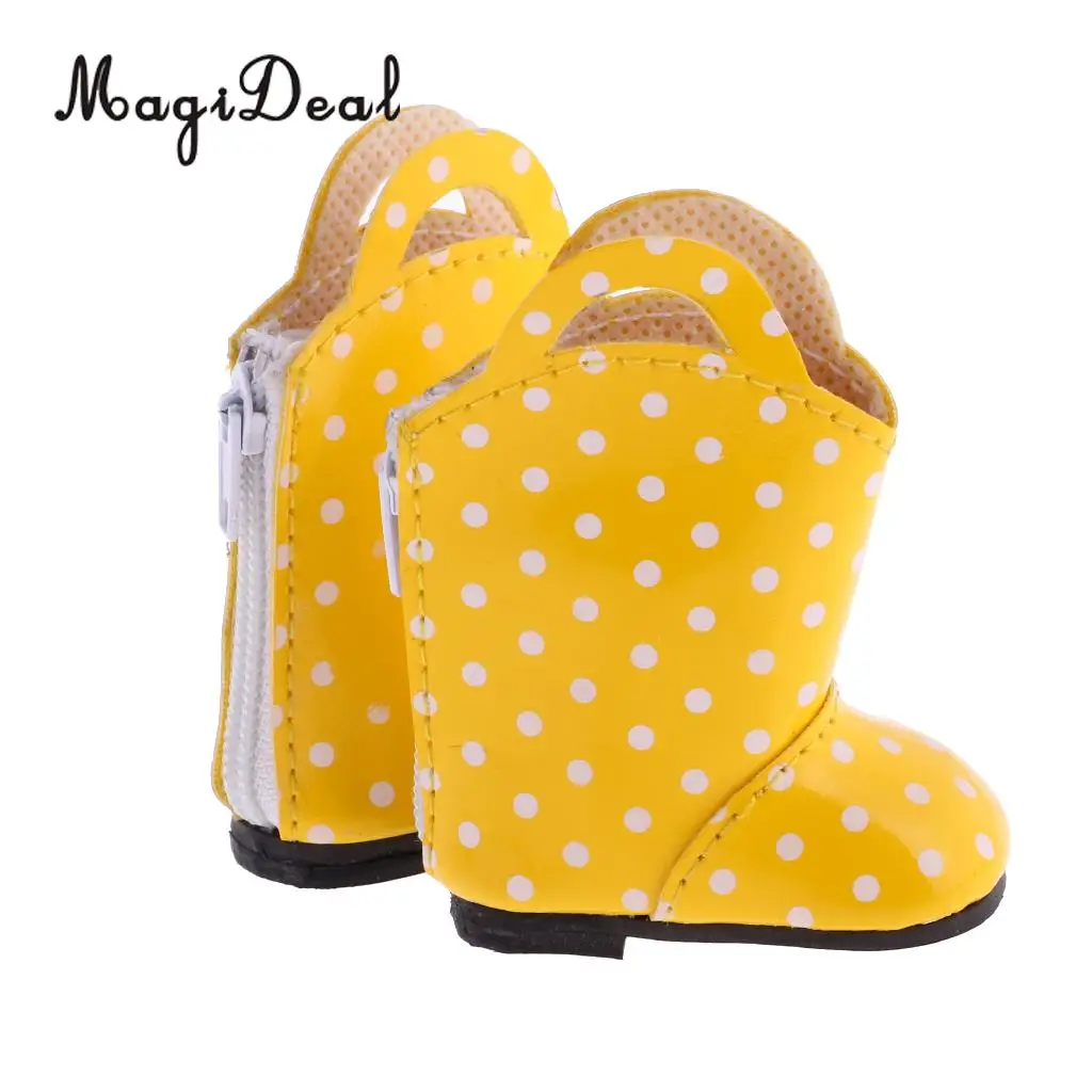 MagiDeal 1 Pair PU Leather Yellow Dots Zipper Back Boots Shoes for 18 Inch   Dolls Baby Outdoor Rain Wear Accs