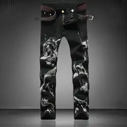 Новые Брендовые мужские модные черные облегающие мужские джинсы с принтом дизайнерские тонкие прямые мужские джинсы ковбойский стиль