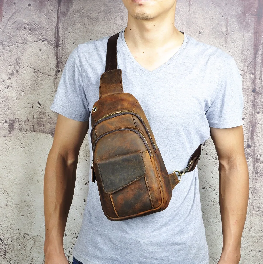 US $26.46 Men Quality Cow Leather Casual Fashion Triangle Crossbody Chest Sling Bag Design Travel One Shoulder Bag Daypack Male 8013
