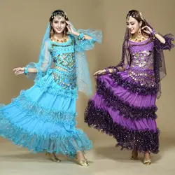 Костюмы для танца живота, Женский индийский костюм Болливуда для танца, 4 предмета, топ с газовым перцем, длинная шифоновая юбка, костюмы для