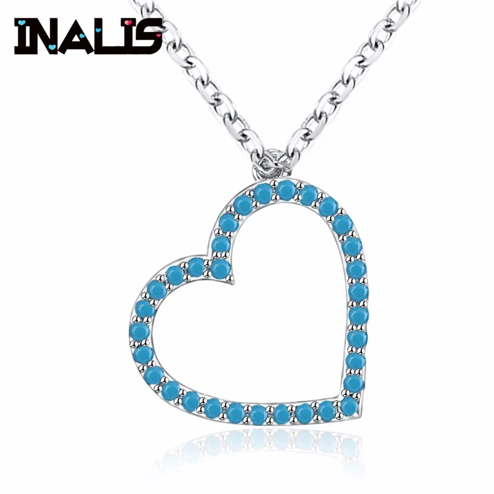 

INALIS simple romantic heart shape 925 sterling silver necklace Micro Paved blue black CZ crystal heart pendant girl jewelry