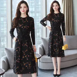 2018 осень зима новый черный цветочный Винтаж Платье плюс размеры миди платья для женщин Корейский Элегантный вечерние с длинным рукаво