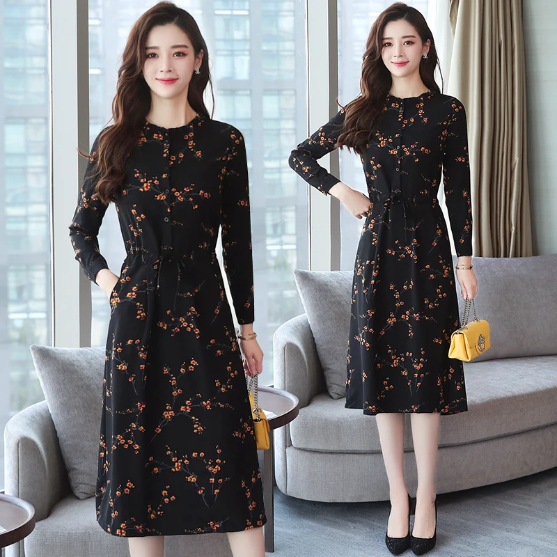 Billig 2019 herbst Winter Neue Schwarz Floral Vintage Kleid Plus Größe Midi Kleider Koreanische Elegante Frauen Partei Lange Hülse Bodycon Vestidos