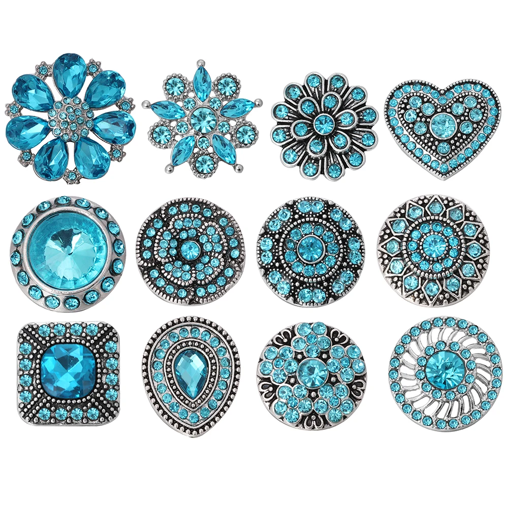 

10pcs/lot High Quality Snap Button Jewelry DIY Cyan Crystal Flower 18mm 20mm Snap Buttons Fit Snap Bracelet & Bangle Findings
