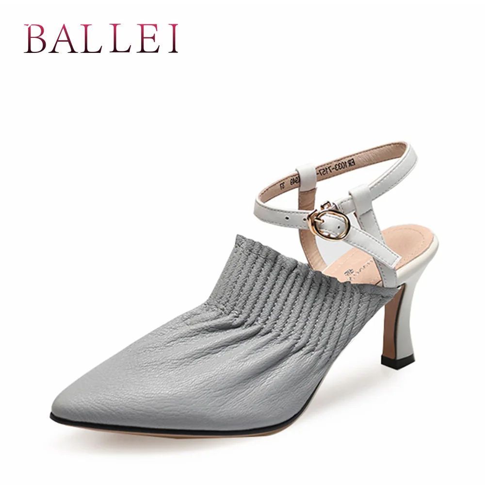 

BALLEI Elegant Woman Fashion Sandals High Quality Genuine Leather Sexy Pointed Toe Low Heel Shoes Solid Ankle Strap Sandals S97