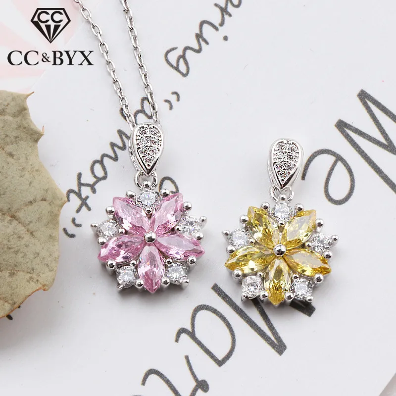 

CC Necklaces Pendants For Women 925 Silver Cubic Zirconia Pink/Yellow Flower Stone Fashion Jewelry Accessories No Chain CCN255
