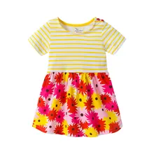 Jumping meter/Одежда для маленьких девочек; платья; хлопковая детская одежда в полоску с цветочным принтом; летние детские платья с короткими рукавами для девочек