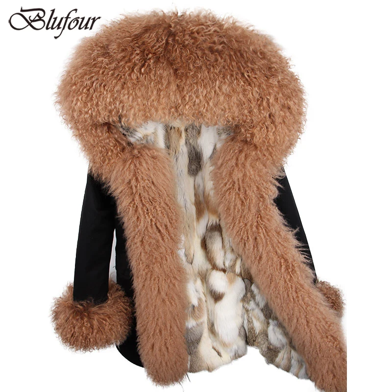 

2018 New Real Fur Parka Winter Jacket Women Fur Coat Warm Thick Mongolian Sheep Fur Hood Coats Natural Lamb Fur Heavy Overcoat