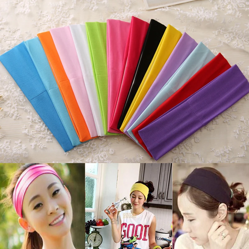 

2Pcs/lot Hot Comfortable Multicolor Women Turban Wide Stretch Elastic Pure Color Sweat Headband