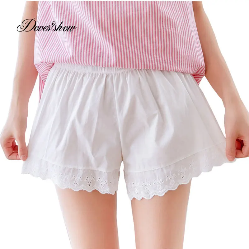 Women Summer Elastic Waist Cotton Hollow Safty Short Pants Anti Chafing