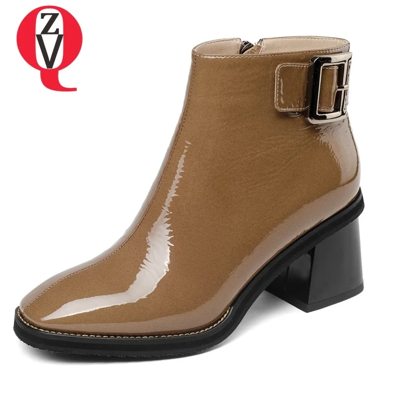 

ZVQ wome shoes 2018 newest concise square toe patent leather high square heel zipper two colors buckle large size ankle boots