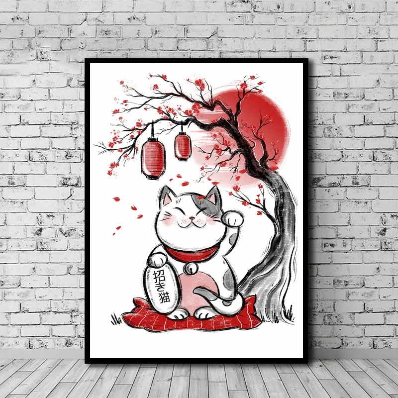 

Japan Dream Lucky Cat Flower Japanese Art Canvas Painting Print Home Decor Wall Art No Frame